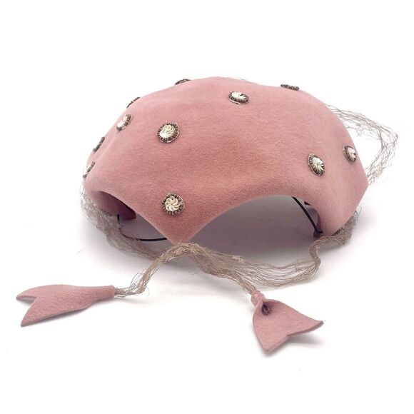 Vintage 1950s Sequin Bead Studded Pink Velour Mesh Veiled Juliet Cap Hat Beret - Picture 5 of 15